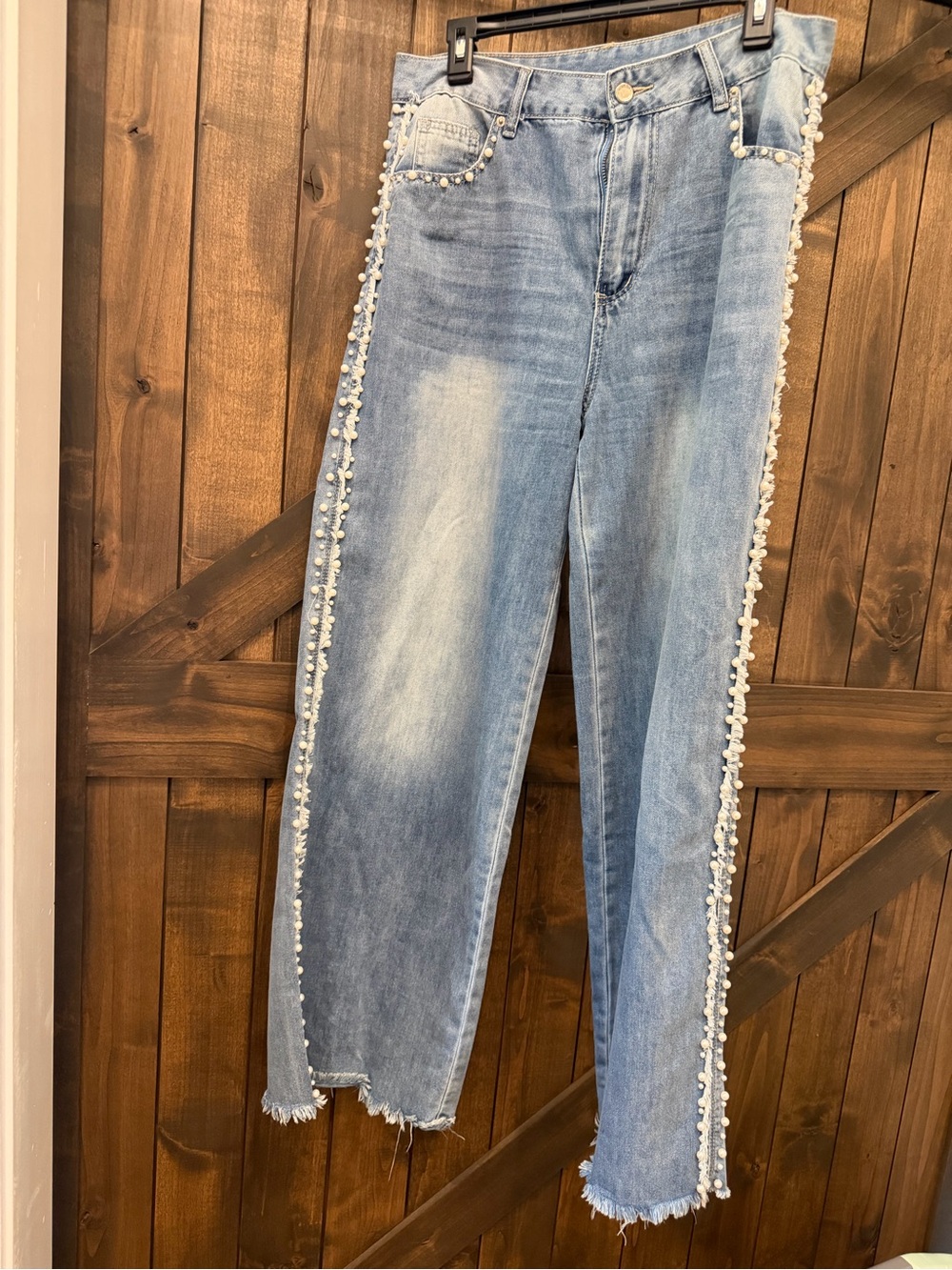 Light Blue Wide-Leg Jeans with Pearl-Trim Side Detail. Worn once. EUC